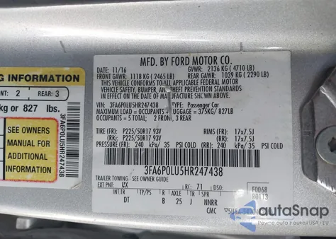 2017 Ford Fusion Hybrid Se z USA, uszkodzony, nr VIN 3FA6P0LU5HR247438